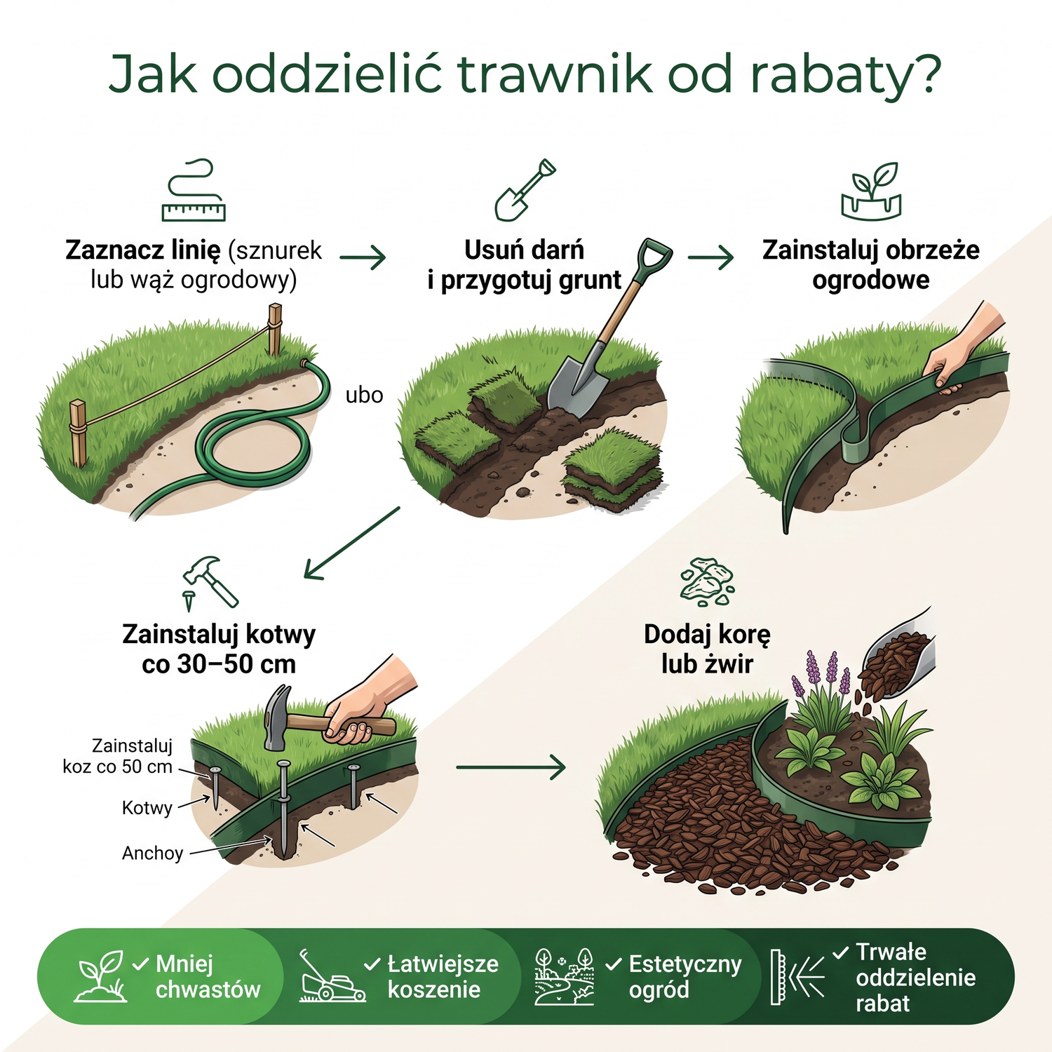 Plastikowe obrzeże ogrodowe oddzielające zielony trawnik od rabaty z korą sosnową